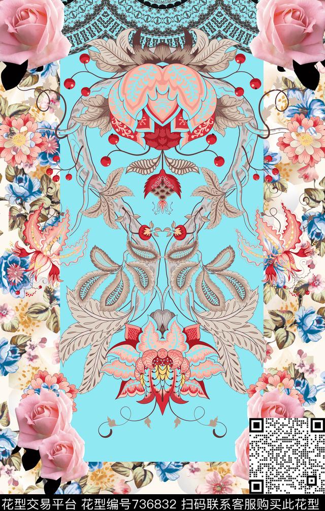 定位手绘花卉数码印花华亿平台下载（图片编号: 736832） - 瓦栏（Walan）