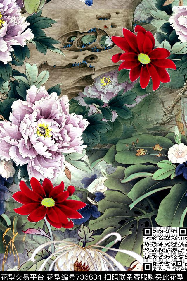 中国风手绘花卉数码印花华亿平台下载（图片编号: 736834） - 瓦栏（Walan）