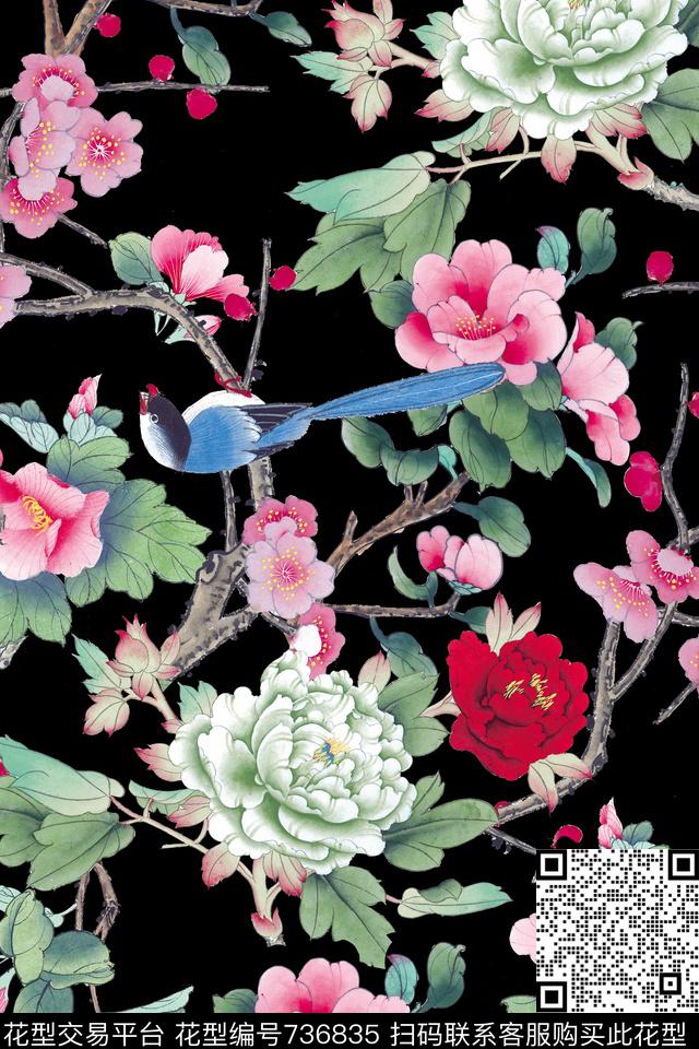 中国风手绘花卉数码印花华亿平台下载（图片编号: 736835） - 瓦栏（Walan）