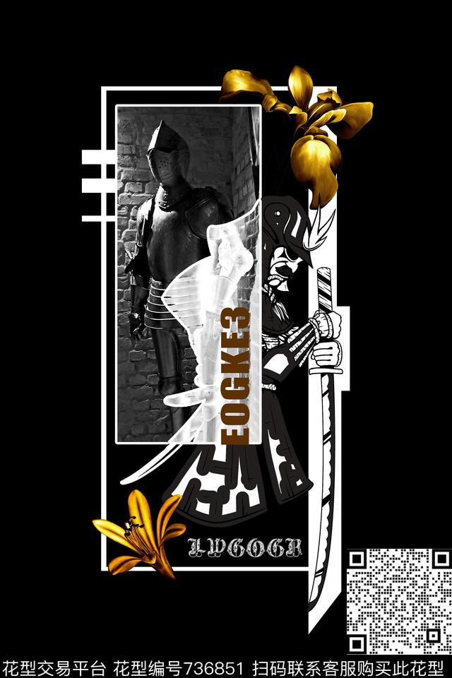 黑白人物花卉数码印花华亿平台下载（图片编号: 736851） - 瓦栏（Walan）