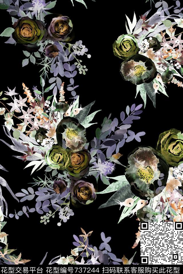 手绘花卉植物数码印花华亿平台下载（图片编号: 737244） - 瓦栏（Walan）