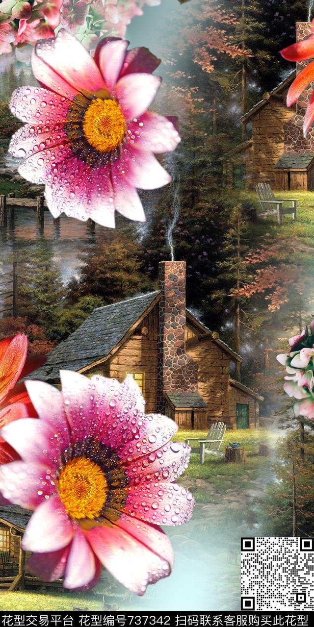 建筑花卉花园数码印花华亿平台下载（图片编号: 737342） - 瓦栏（Walan）