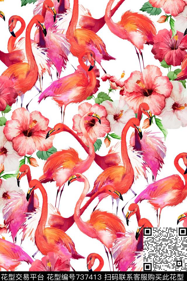 花卉花鸟火烈鸟数码印花华亿平台下载（图片编号: 737413） - 瓦栏（Walan）