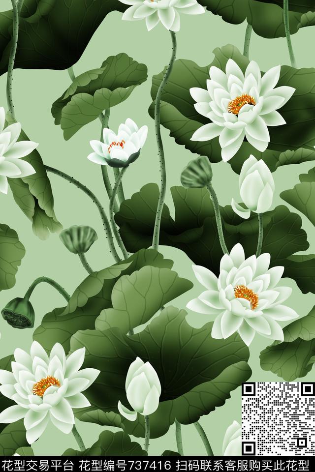 花朵荷花花卉数码印花华亿平台下载（图片编号: 737416） - 瓦栏（Walan）
