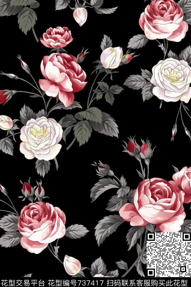 花朵玫瑰花卉传统印花华亿平台下载（图片编号: 737417） - 瓦栏（Walan）
