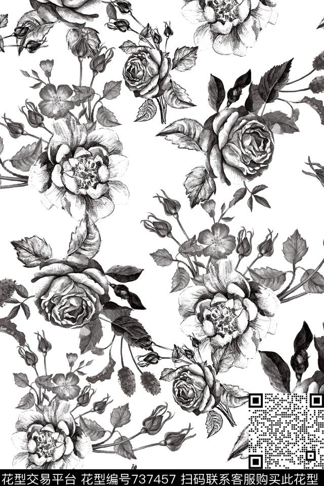 手绘黑白线描数码印花华亿平台下载（图片编号: 737457） - 瓦栏（Walan）