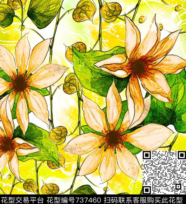 百合水彩水墨手绘花卉数码印花华亿平台下载（图片编号: 737460） - 瓦栏（Walan）
