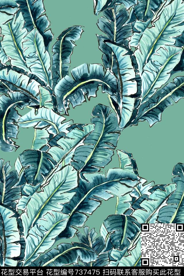 手绘芭蕉叶阔叶数码印花华亿平台下载（图片编号: 737475） - 瓦栏（Walan）