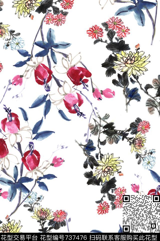 手绘花卉郁金香数码印花华亿平台下载（图片编号: 737476） - 瓦栏（Walan）