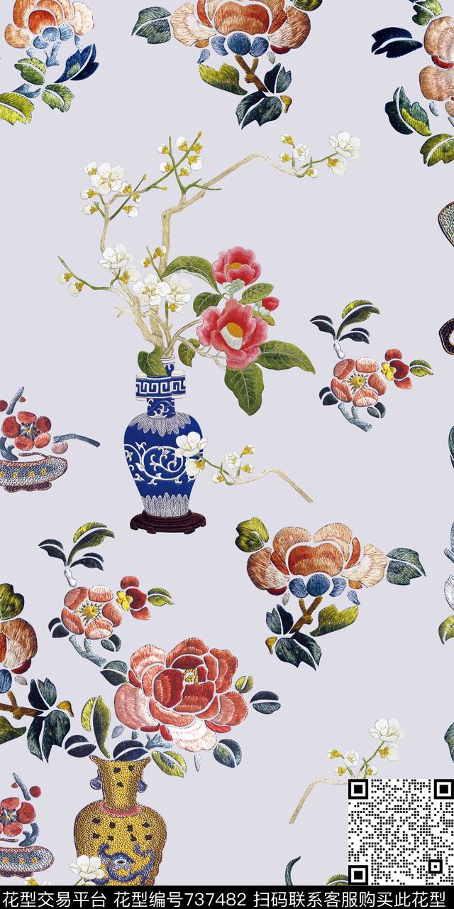 复古中国风刺绣数码印花华亿平台下载（图片编号: 737482） - 瓦栏（Walan）