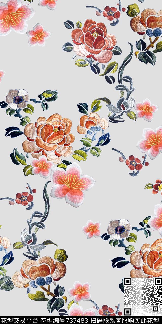 复古中国风刺绣数码印花华亿平台下载（图片编号: 737483） - 瓦栏（Walan）