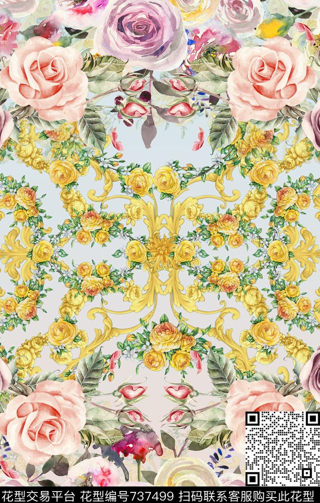 手绘花卉金属数码印花华亿平台下载（图片编号: 737499） - 瓦栏（Walan）