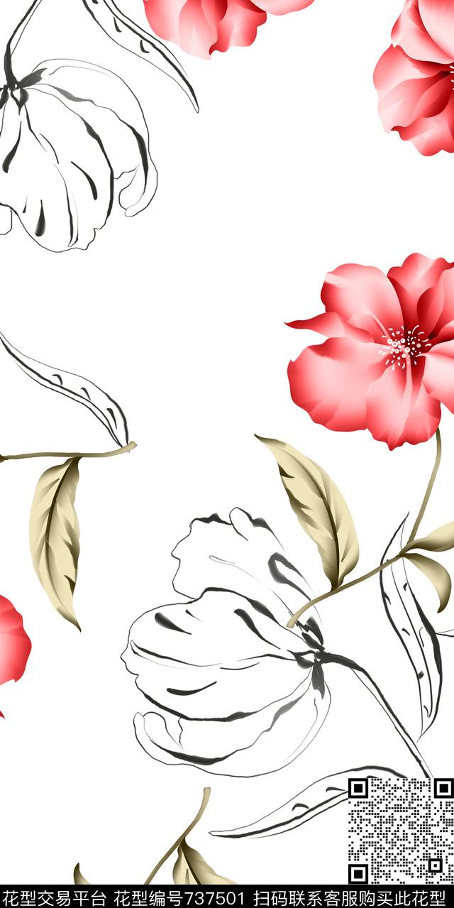 花卉手绘铅笔画传统印花华亿平台下载（图片编号: 737501） - 瓦栏（Walan）