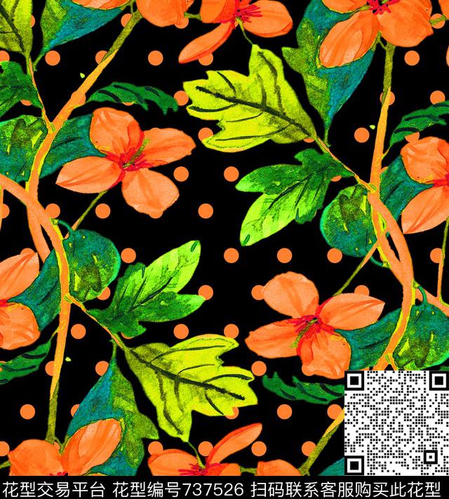 波点手绘花卉玉兰花数码印花华亿平台下载（图片编号: 737526） - 瓦栏（Walan）