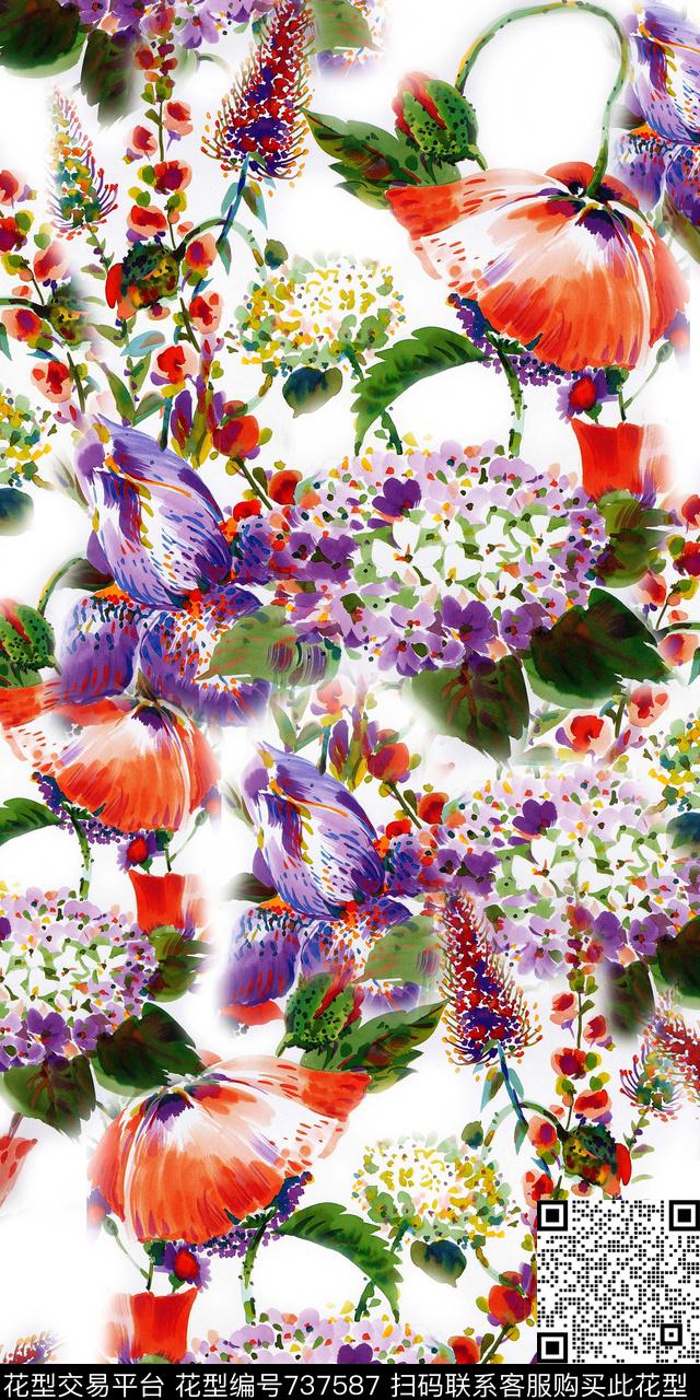 抽象花卉乱花花朵数码印花华亿平台下载（图片编号: 737587） - 瓦栏（Walan）