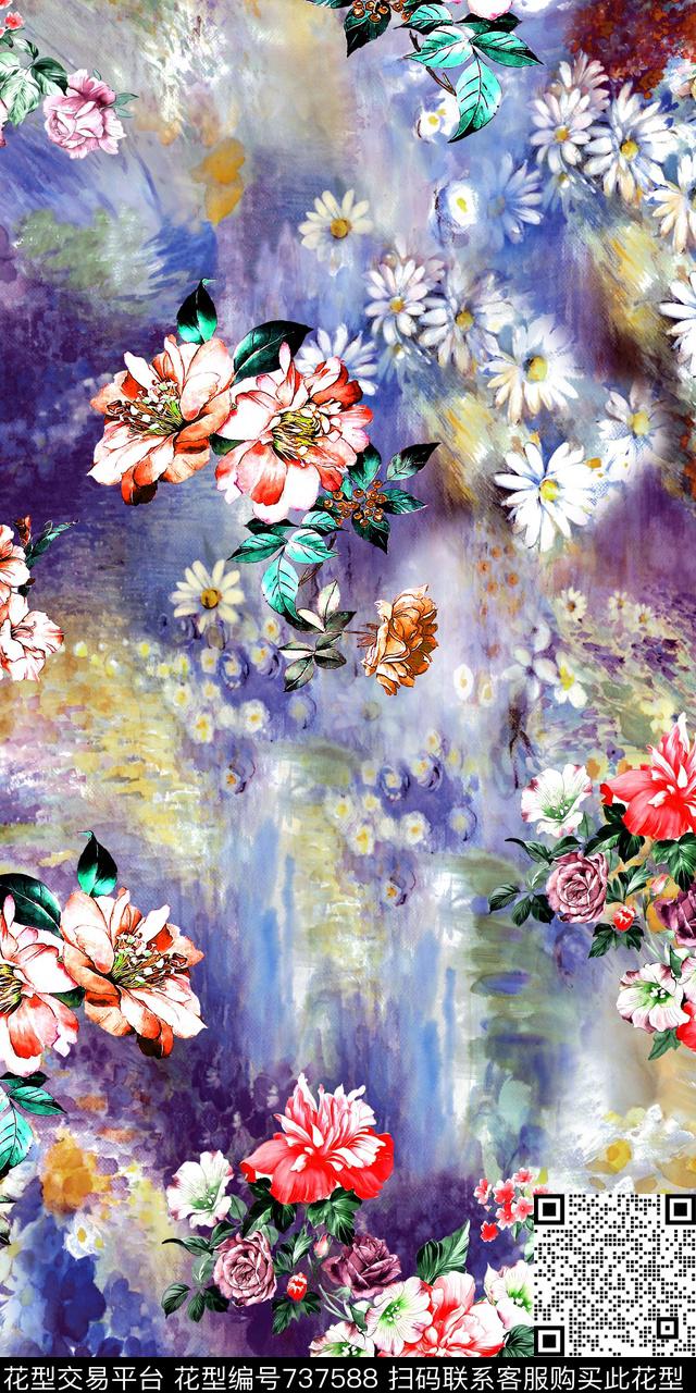 雏菊手绘花卉乱花数码印花华亿平台下载（图片编号: 737588） - 瓦栏（Walan）