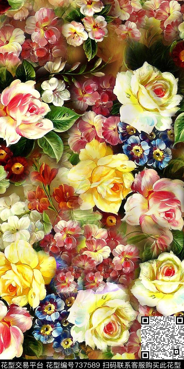 手绘花卉牡丹花朵数码印花华亿平台下载（图片编号: 737589） - 瓦栏（Walan）