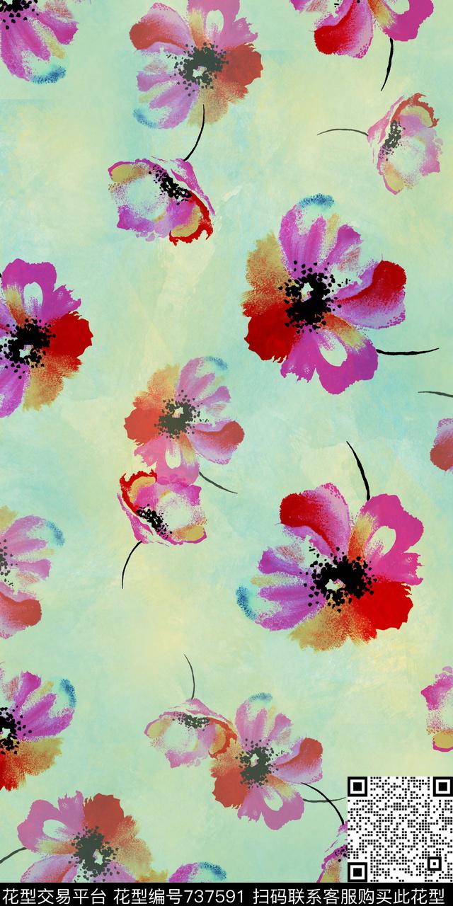 手绘花卉花朵花卉数码印花华亿平台下载（图片编号: 737591） - 瓦栏（Walan）