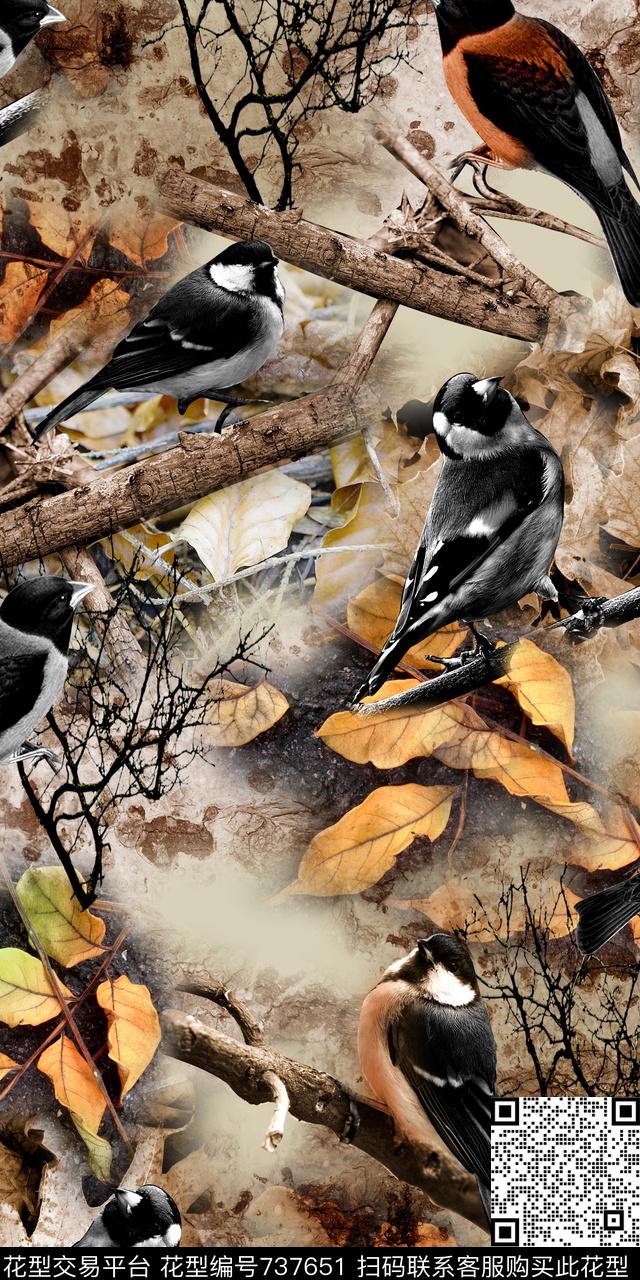 鸟树枝落叶数码印花华亿平台下载（图片编号: 737651） - 瓦栏（Walan）