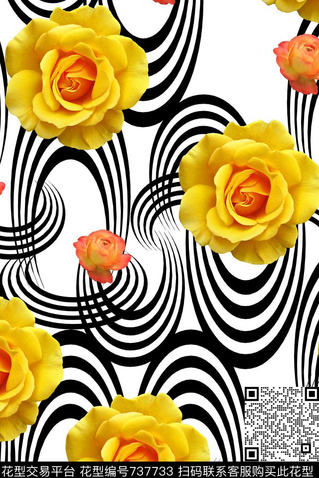 玫瑰花朵不规则几何数码印花华亿平台下载（图片编号: 737733） - 瓦栏（Walan）