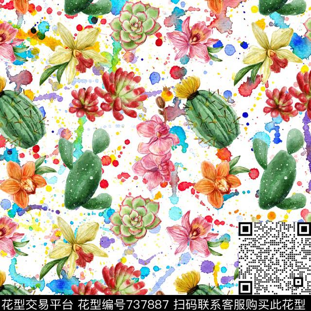 手绘热带花卉仙人掌VIP特区手绘时尚花鸟数码印花华亿平台下载（图片编号: 737887） - 瓦栏（Walan）
