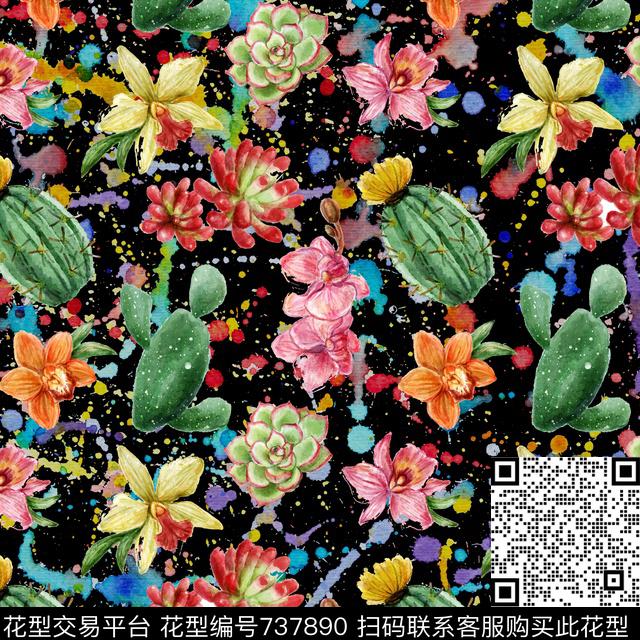 手绘热带花卉仙人掌VIP特区手绘时尚花鸟数码印花华亿平台下载（图片编号: 737890） - 瓦栏（Walan）