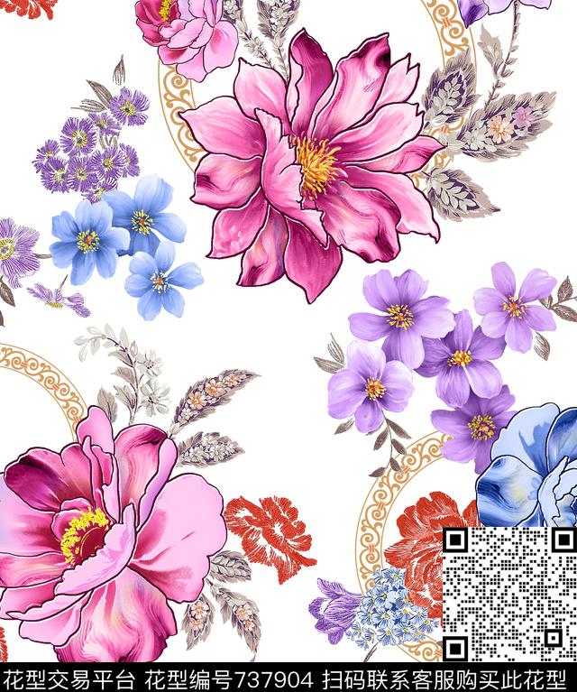 花卉大花白底数码印花华亿平台下载（图片编号: 737904） - 瓦栏（Walan）