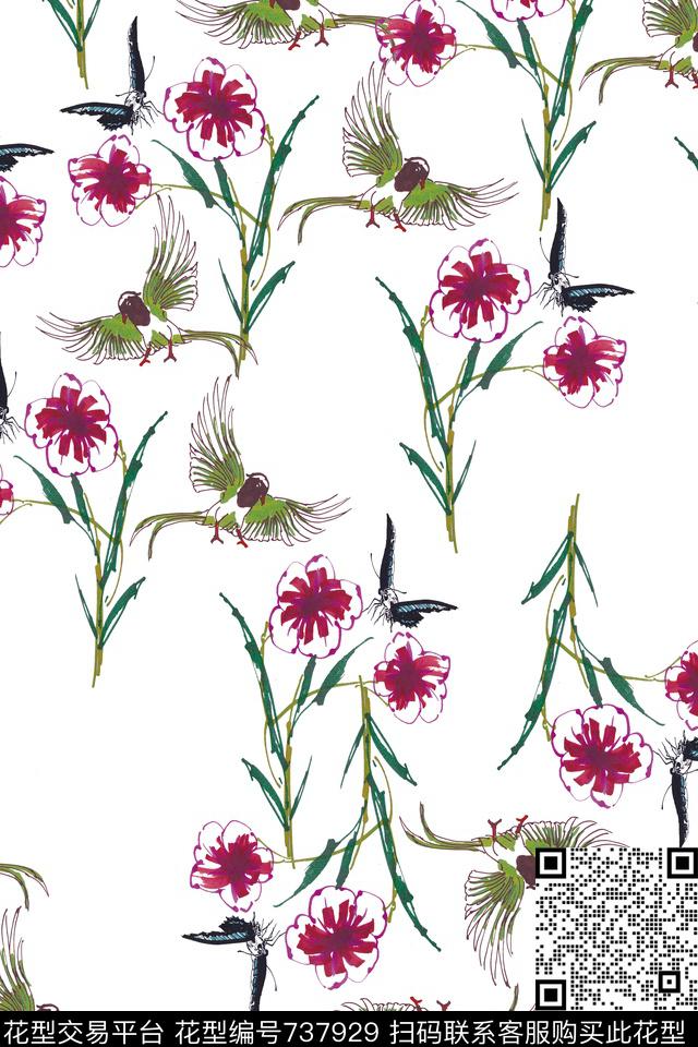 鸟蝴蝶手绘数码印花华亿平台下载（图片编号: 737929） - 瓦栏（Walan）