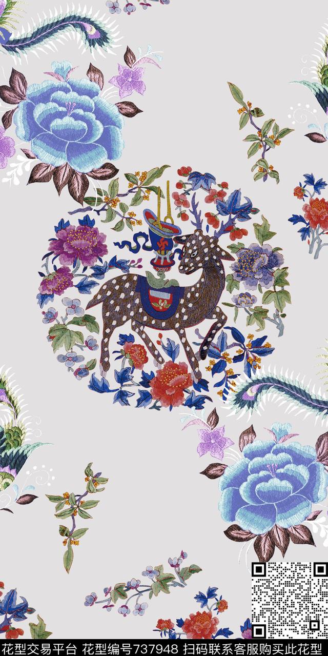 花卉中国风刺绣数码印花华亿平台下载（图片编号: 737948） - 瓦栏（Walan）