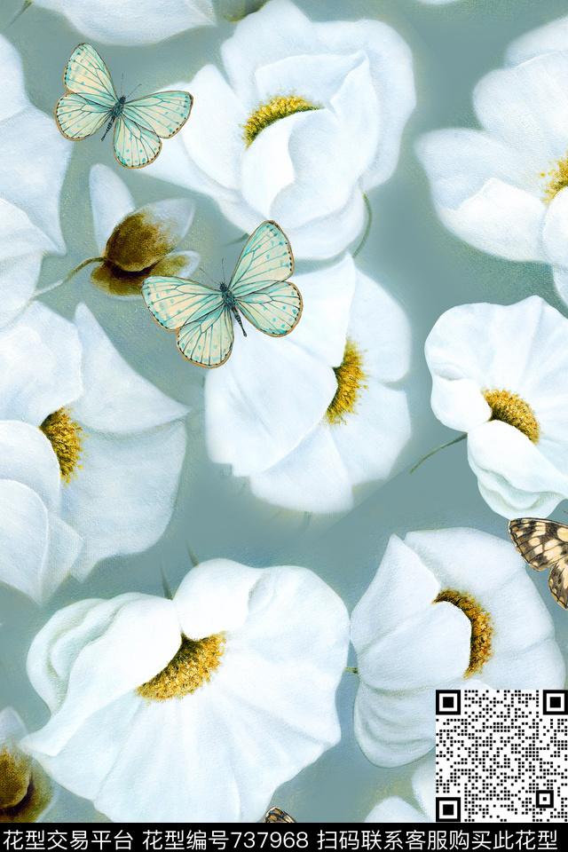 花卉大花蝴蝶数码印花华亿平台下载（图片编号: 737968） - 瓦栏（Walan）