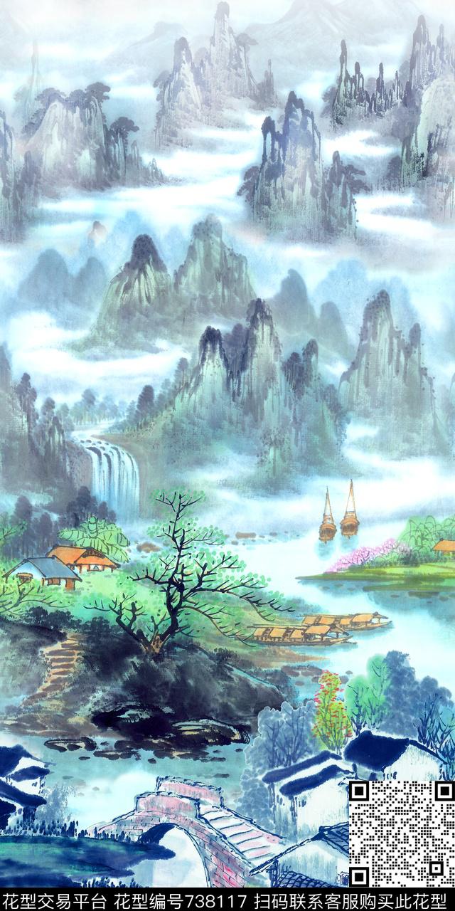 中国风风景水墨数码印花华亿平台下载（图片编号: 738117） - 瓦栏（Walan）