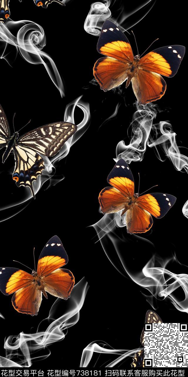 蝴蝶烟雾大花数码印花华亿平台下载（图片编号: 738181） - 瓦栏（Walan）
