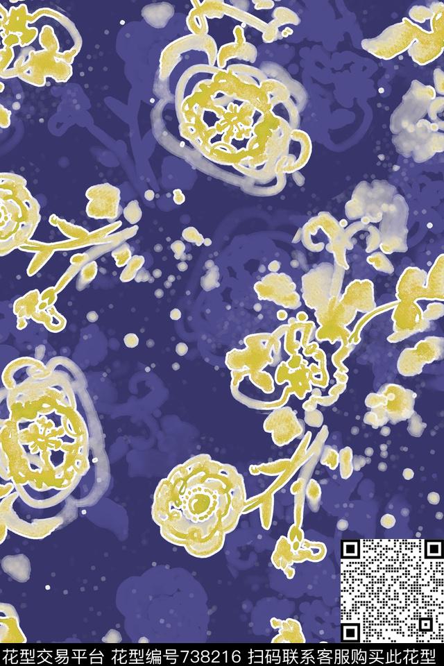 手绘效果花卉数码印花华亿平台下载（图片编号: 738216） - 瓦栏（Walan）