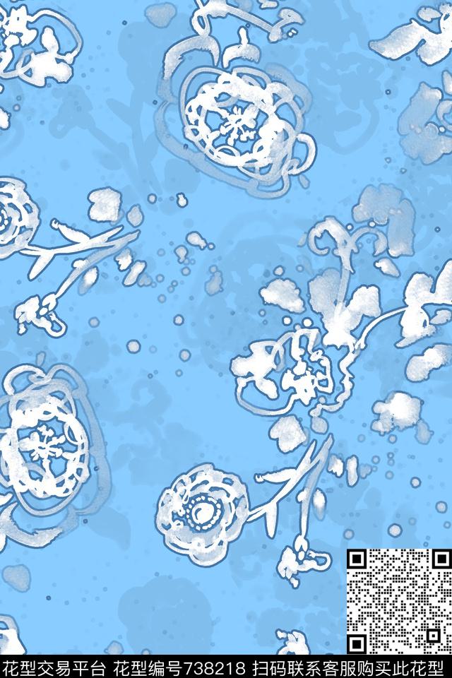 手绘效果花卉数码印花华亿平台下载（图片编号: 738218） - 瓦栏（Walan）