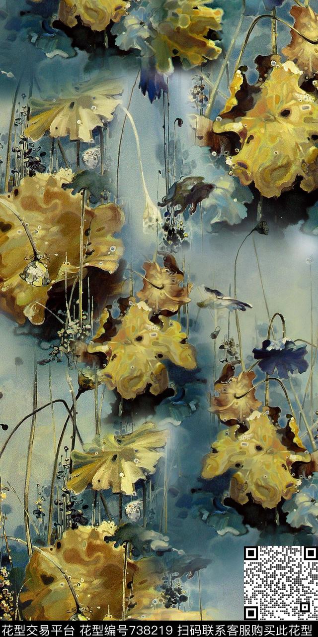 抽象手绘荷叶数码印花华亿平台下载（图片编号: 738219） - 瓦栏（Walan）