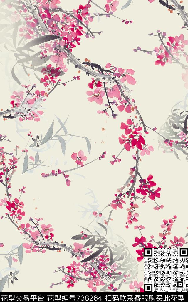水墨国画中国风花卉花朵数码印花华亿平台下载（图片编号: 738264） - 瓦栏（Walan）