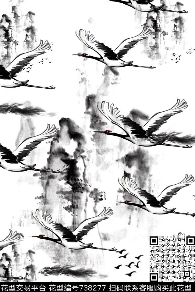 趣味鸟黑白花数码印花华亿平台下载（图片编号: 738277） - 瓦栏（Walan）