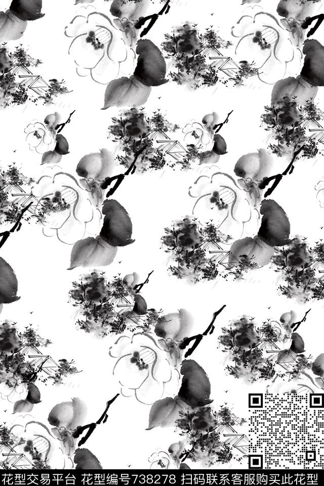 莲花荷花黑白花数码印花华亿平台下载（图片编号: 738278） - 瓦栏（Walan）