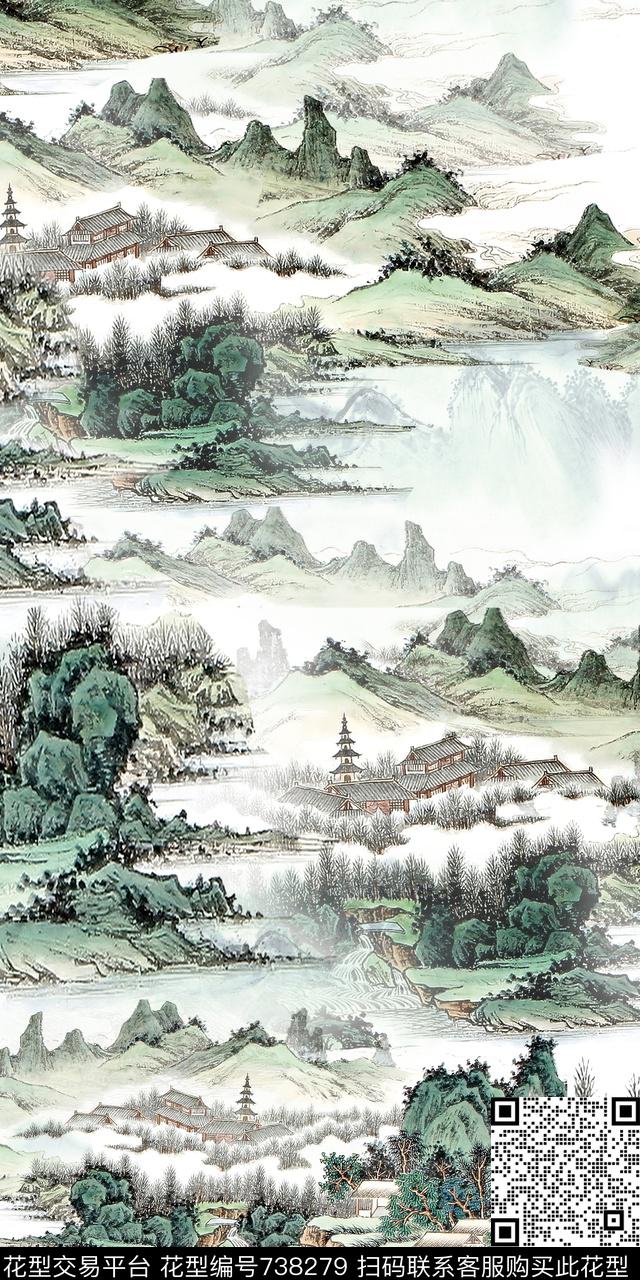 水彩山脉风景数码印花华亿平台下载（图片编号: 738279） - 瓦栏（Walan）