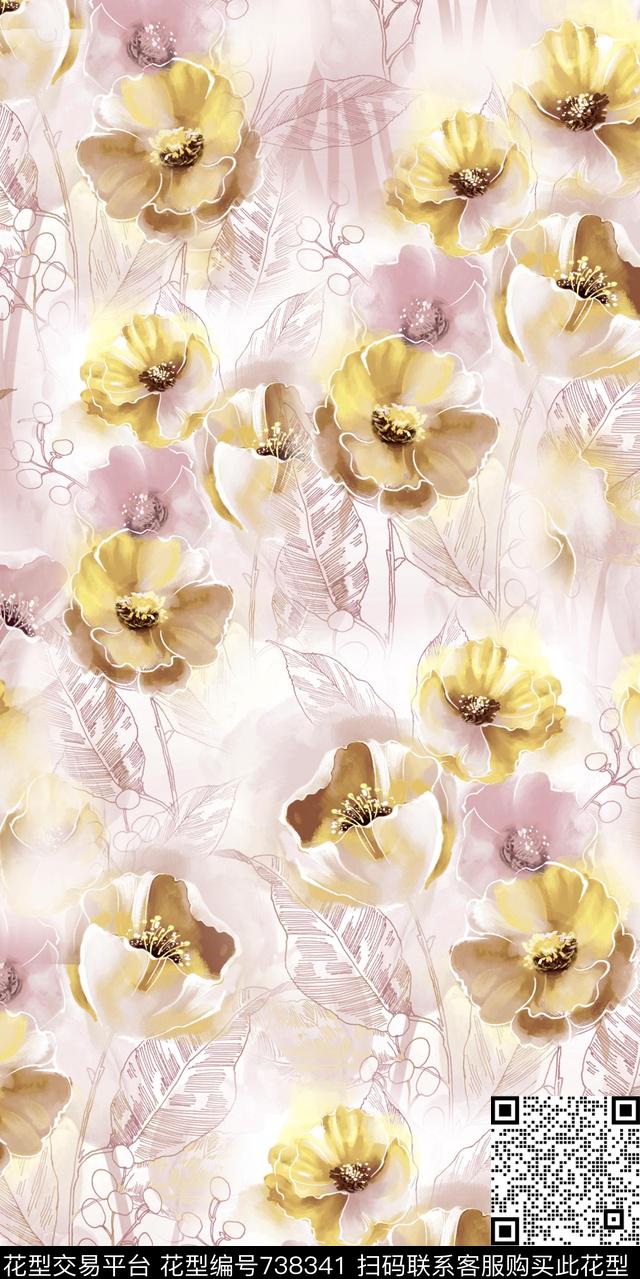 水墨花卉数码数码印花华亿平台下载（图片编号: 738341） - 瓦栏（Walan）