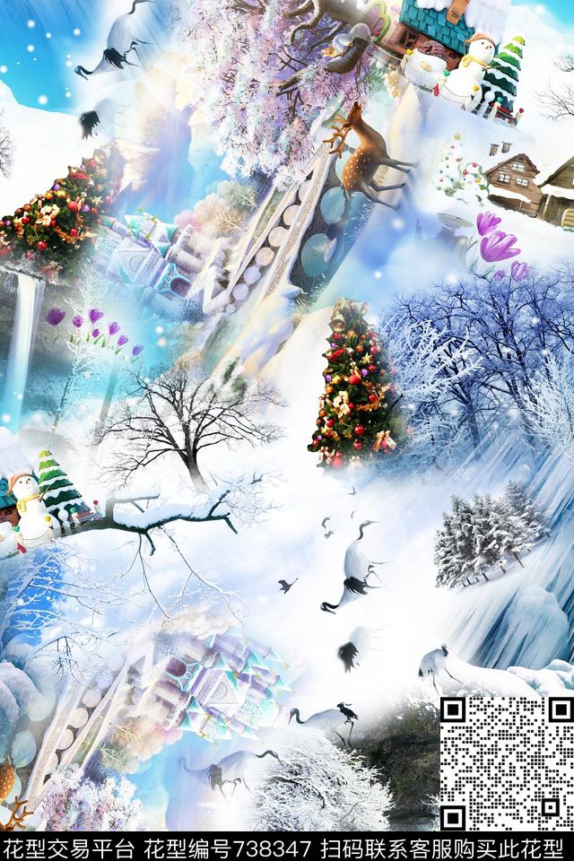 雪景圣诞树丹顶鹤数码印花华亿平台下载（图片编号: 738347） - 瓦栏（Walan）