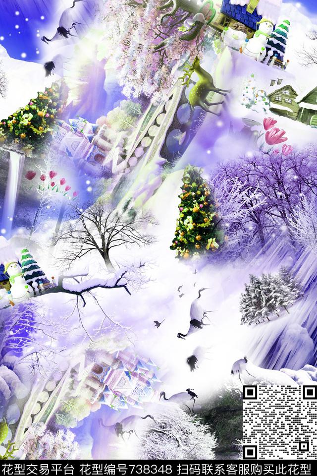 雪景圣诞树丹顶鹤数码印花华亿平台下载（图片编号: 738348） - 瓦栏（Walan）