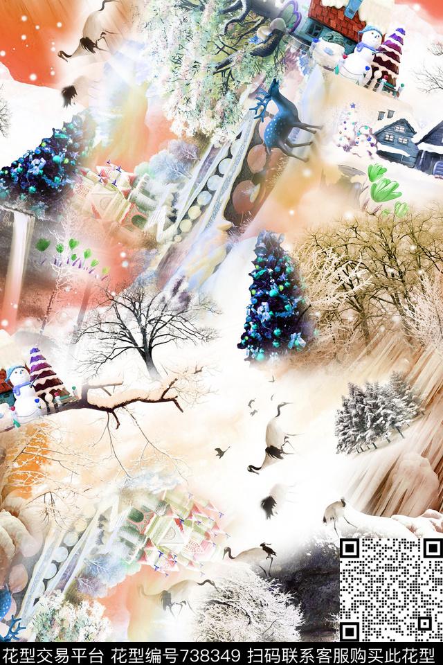 雪景圣诞树丹顶鹤数码印花华亿平台下载（图片编号: 738349） - 瓦栏（Walan）