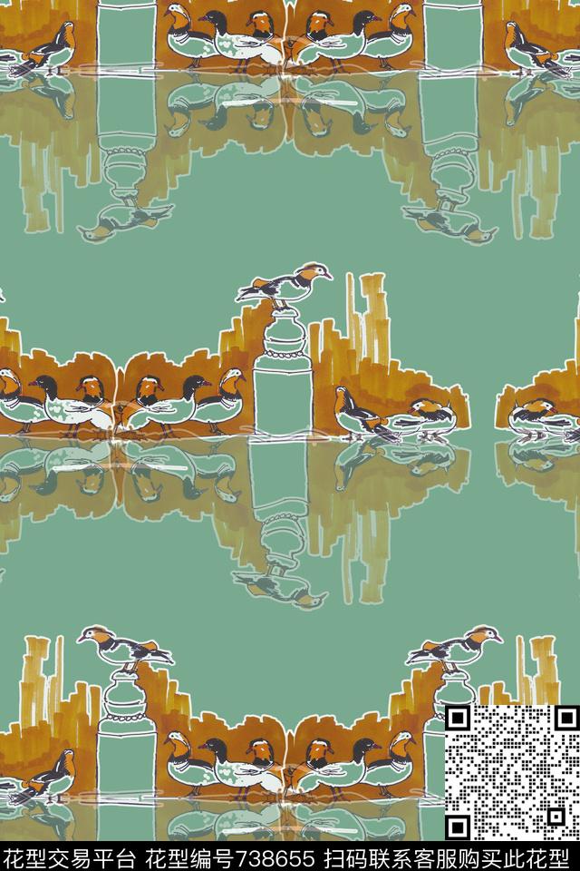 装饰手绘鸟传统印花华亿平台下载（图片编号: 738655） - 瓦栏（Walan）