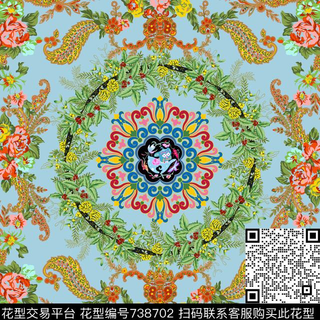 民族风花卉方巾数码印花华亿平台下载（图片编号: 738702） - 瓦栏（Walan）