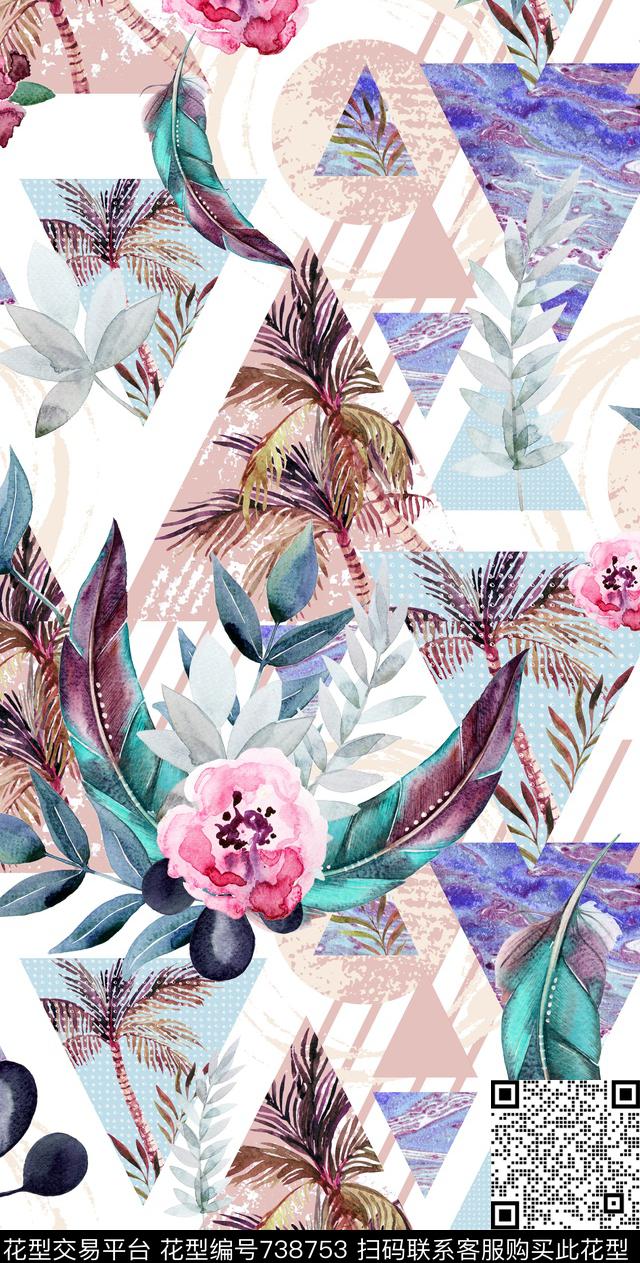 手绘热带花卉数码印花华亿平台下载（图片编号: 738753） - 瓦栏（Walan）