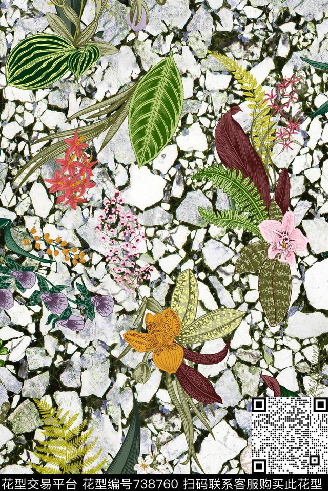 手绘花卉花草数码印花华亿平台下载（图片编号: 738760） - 瓦栏（Walan）