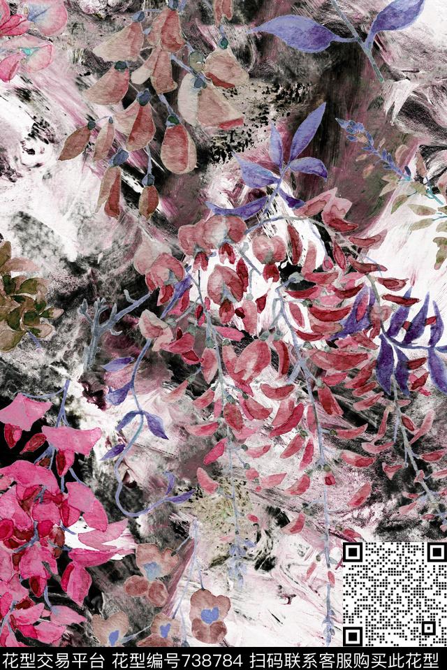 手绘花卉水墨数码印花华亿平台下载（图片编号: 738784） - 瓦栏（Walan）