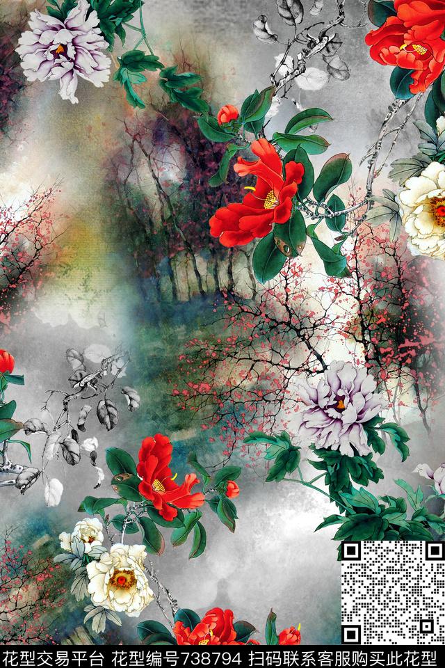 中国风水墨古韵工笔枝条数码印花华亿平台下载（图片编号: 738794） - 瓦栏（Walan）