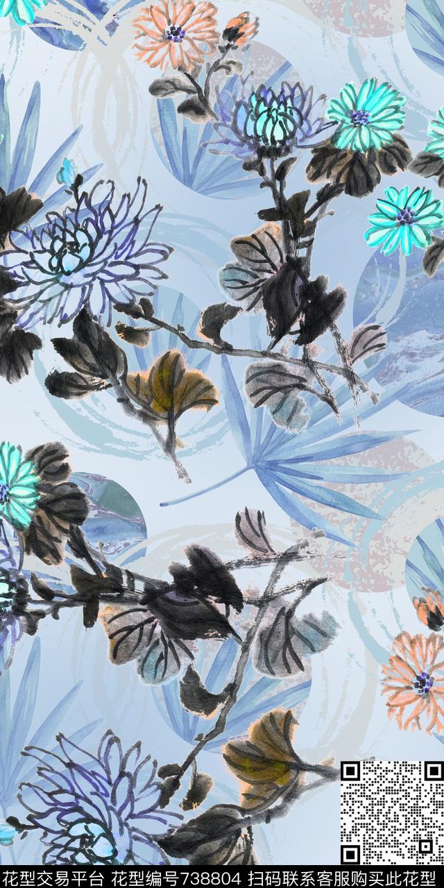 手绘棕榈叶水墨数码印花华亿平台下载（图片编号: 738804） - 瓦栏（Walan）